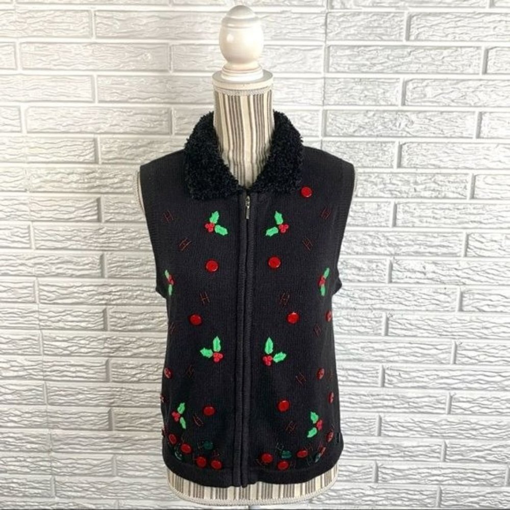Vtg Bechamel Petites Christmas Holly Sweater Vest